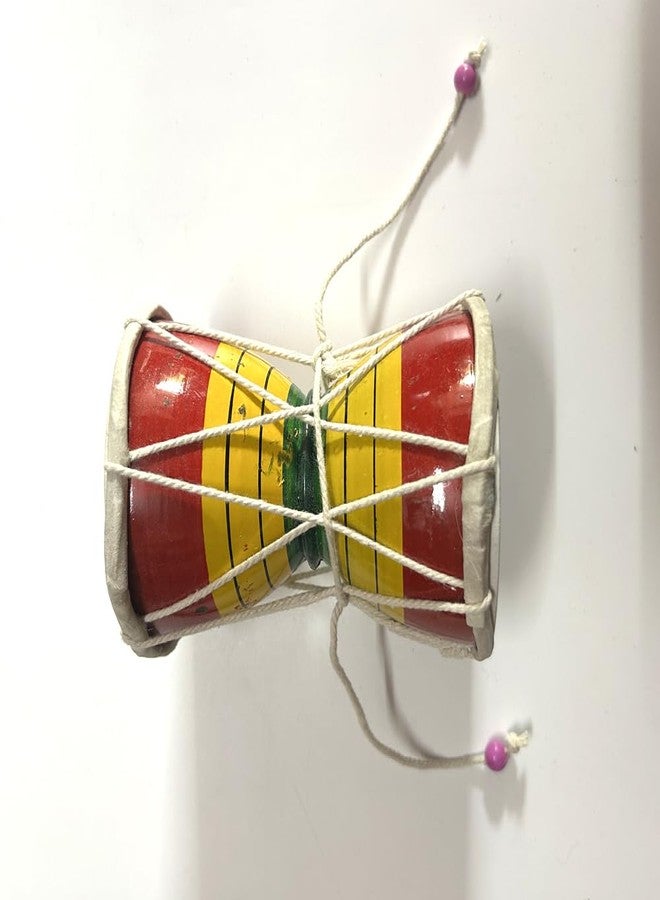 HuBBeR Traditional Indian Damru Hand Percussion Instrument, Handmade Musical Drum with Rope Design, Red and Yellow, Decorative Kids Toy (Large) - Image 2